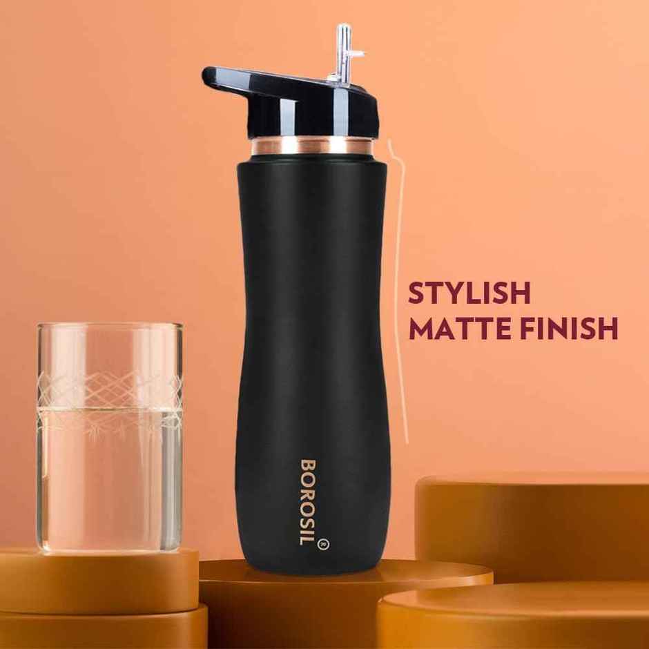 Borosil Black Colour Copper Sipper Bottle 750 ml, 100% Pure Copper