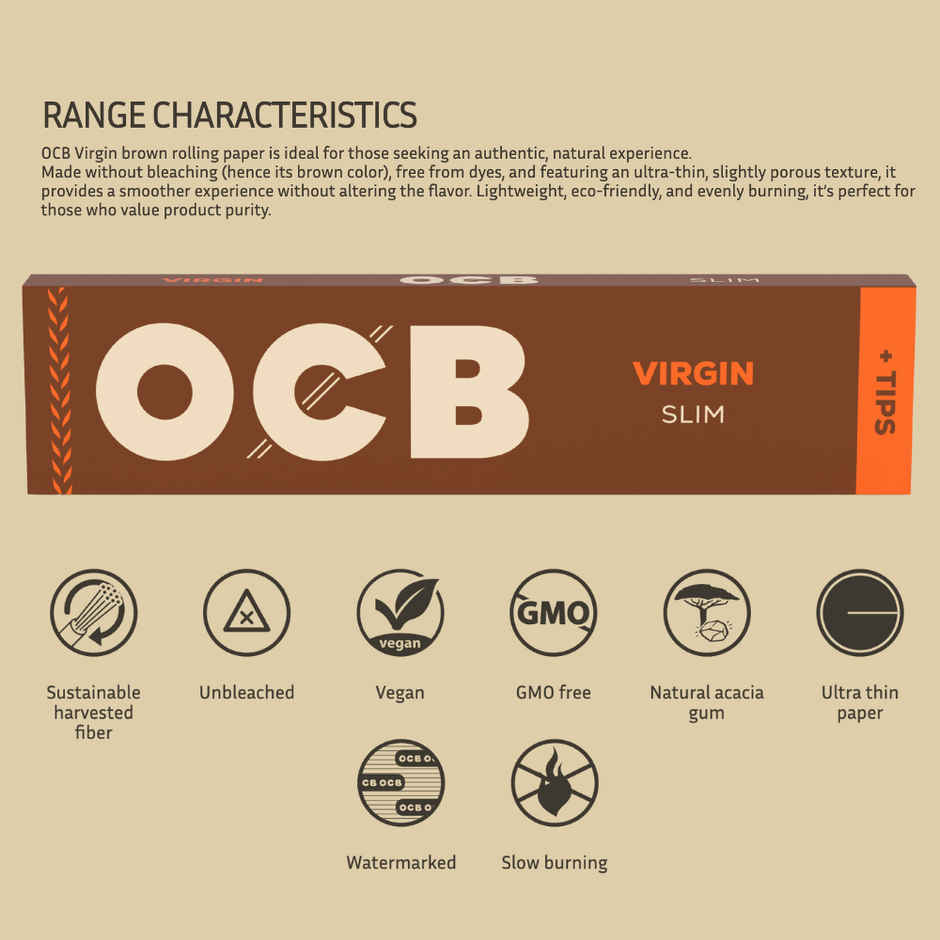OCB VIRGIN Brown 32 Sheets Rolling Paper & Filter Tips | King Size Slim