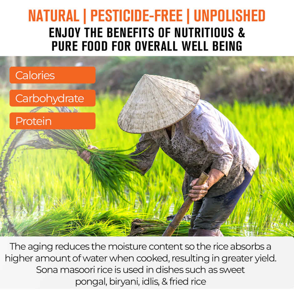 Safe Harvest Pesticide-Free Sona Masuri Rice | Gluten-Free, Unpolished, Arsenic-Free | 12 Months