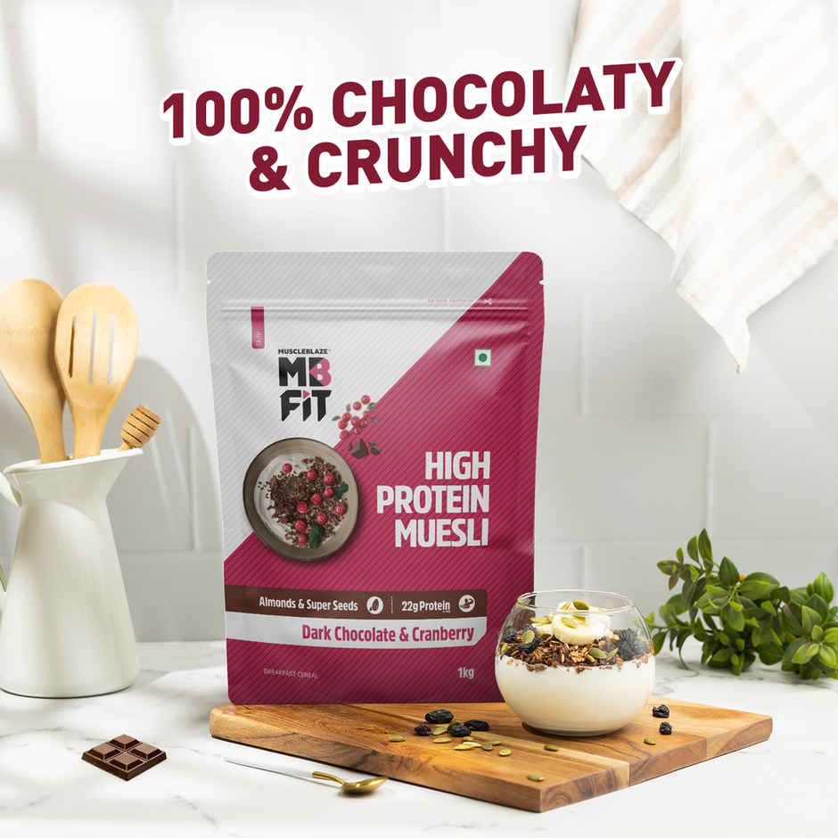 MuscleBlaze Fit High Protein Muesli (Dark Chocolate & Cranberry, 1kg) | 22g Protein