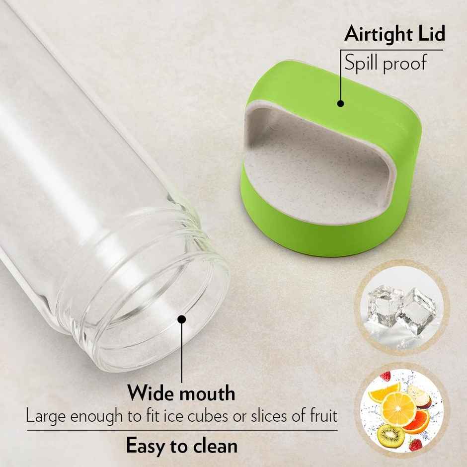 Borosil Borosilicate Neo Glass Water Bottle with Green Lid | Transparent | 550 ml