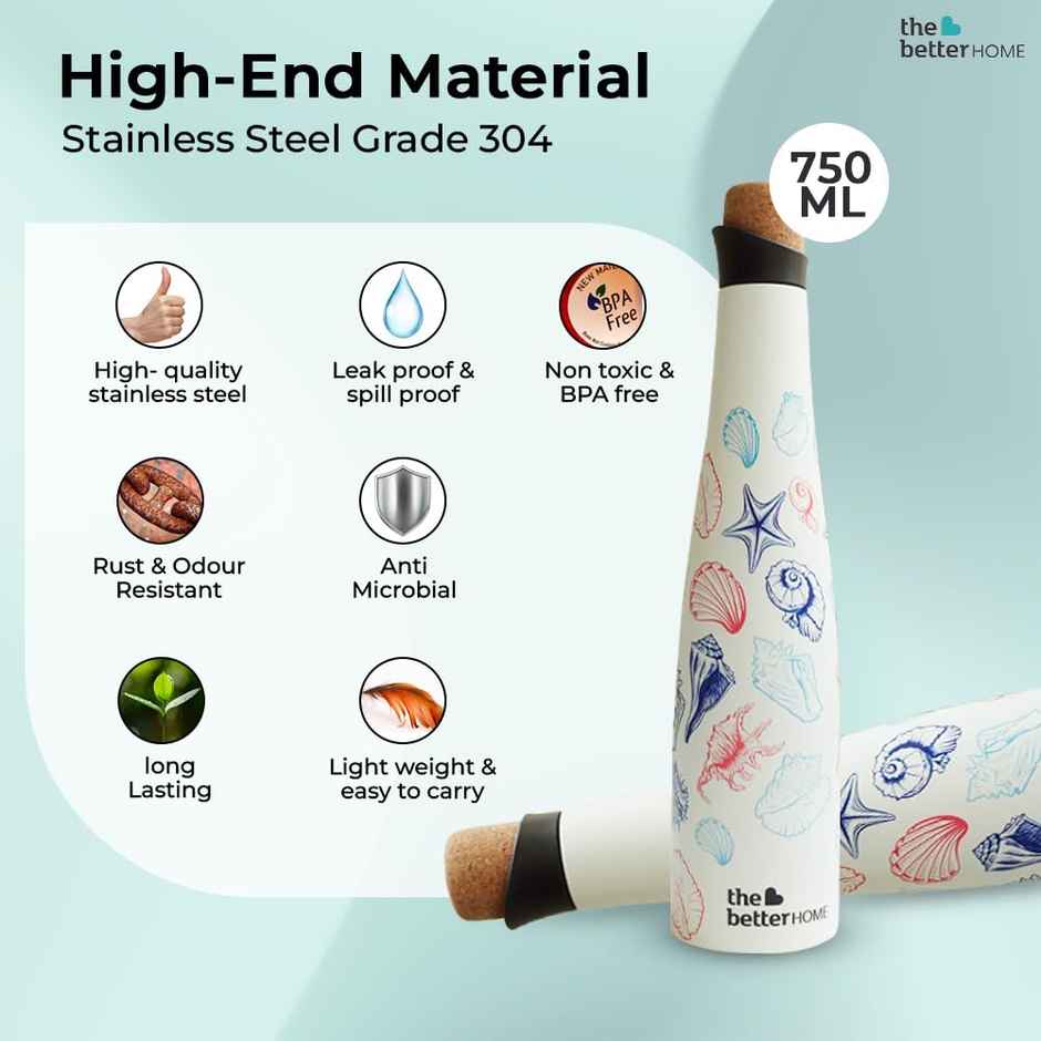 The Better Home Insulated Stainless Steel Water Bottle With Cork Cap | 750Ml | Deep Sea Design