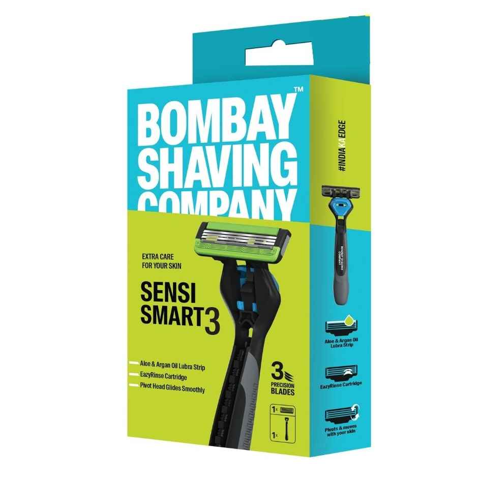 Bombay Shaving Company Sensi Smart 3 Razor | Shaving Razor For Men | Aloe Gel And Argan Oil Lubra Strip (1pc) & Cartridge For Bombay Shaving Company Sensi Smart 3 Razor| Curved Blades Ensure Precise, Safe, And Smooth Shaves (2pc) Combo