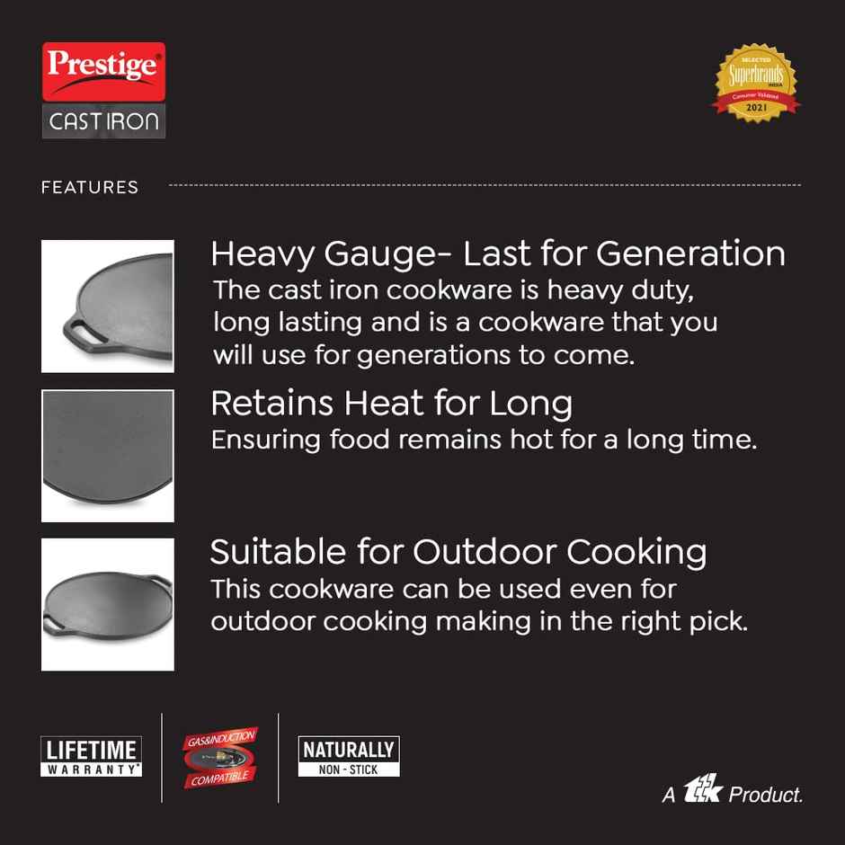 Prestige 30cm Dura Cast Iron Dosa Tawa| Gas and Induction Compatible| Even Heat Distribution