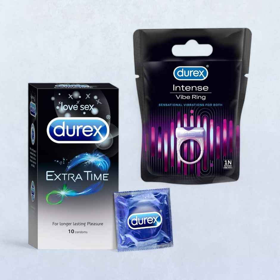 Durex Extra Time Condoms(10pc) & Durex Intense Vibe Ring For Extra Pleasure For Men & Women | Compatible With Condoms & Lubes(1pc) Combo