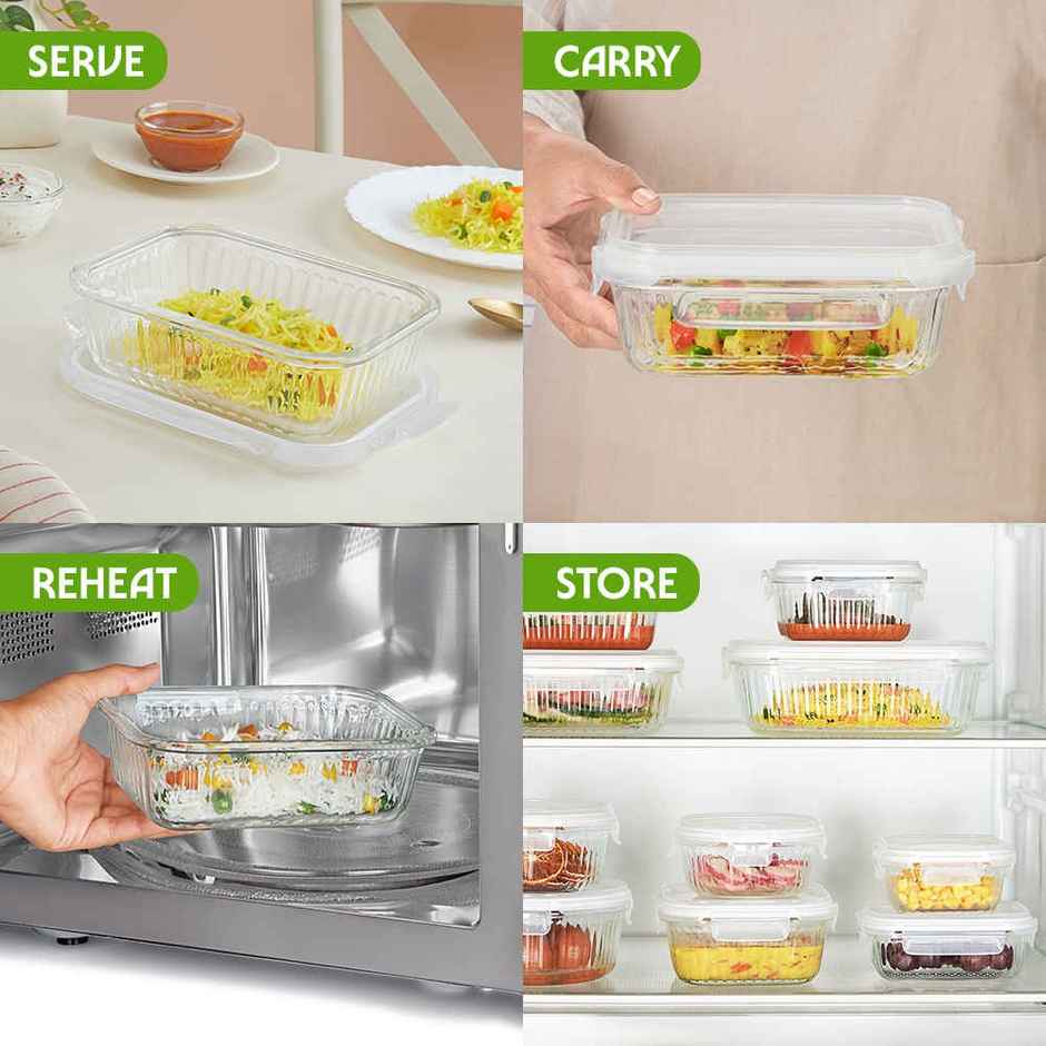 Borosil Fluted Klip N Store Rectangle Food Storage Container Borosilicate Glass Microwave Safe