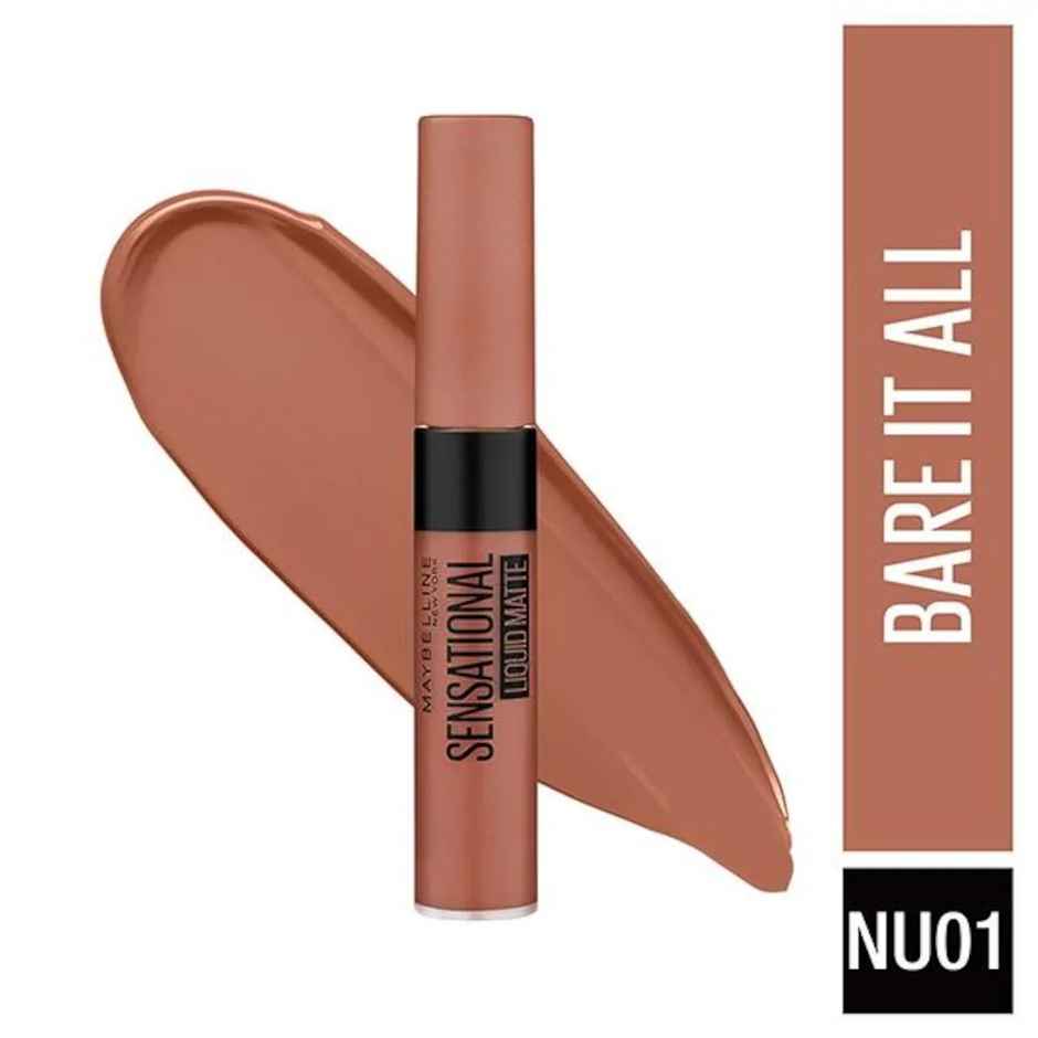 Maybelline Sensational Liquid Matte Lipstick, NU01 Bare It All-Delivering Intense Matte Color Effect