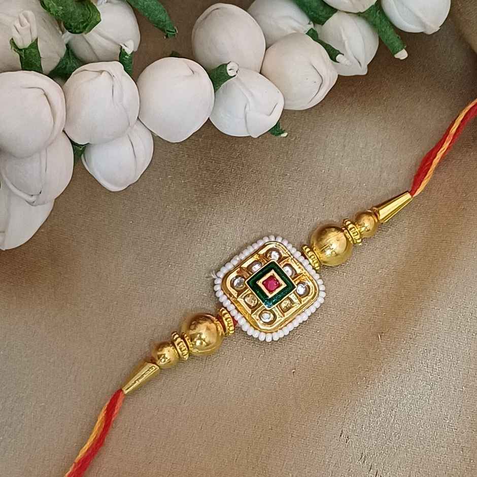 Rajasthani Large Square Pendant Red Minakari Kundan Motiwork Rakhi|Traditional Rakhi | Gullak