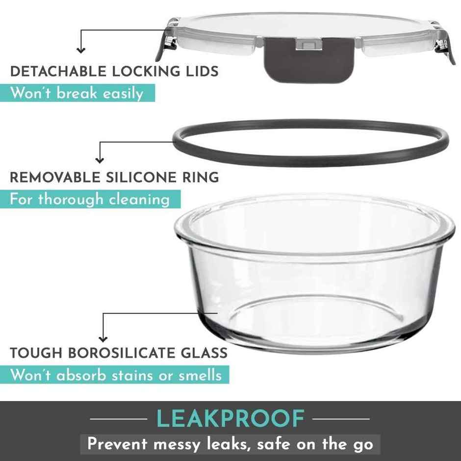 Magnus Glock Solid Glass Lunch Box- Flat Pouch- Detachable Clip-2 Round Containers-400Ml Each -Grey