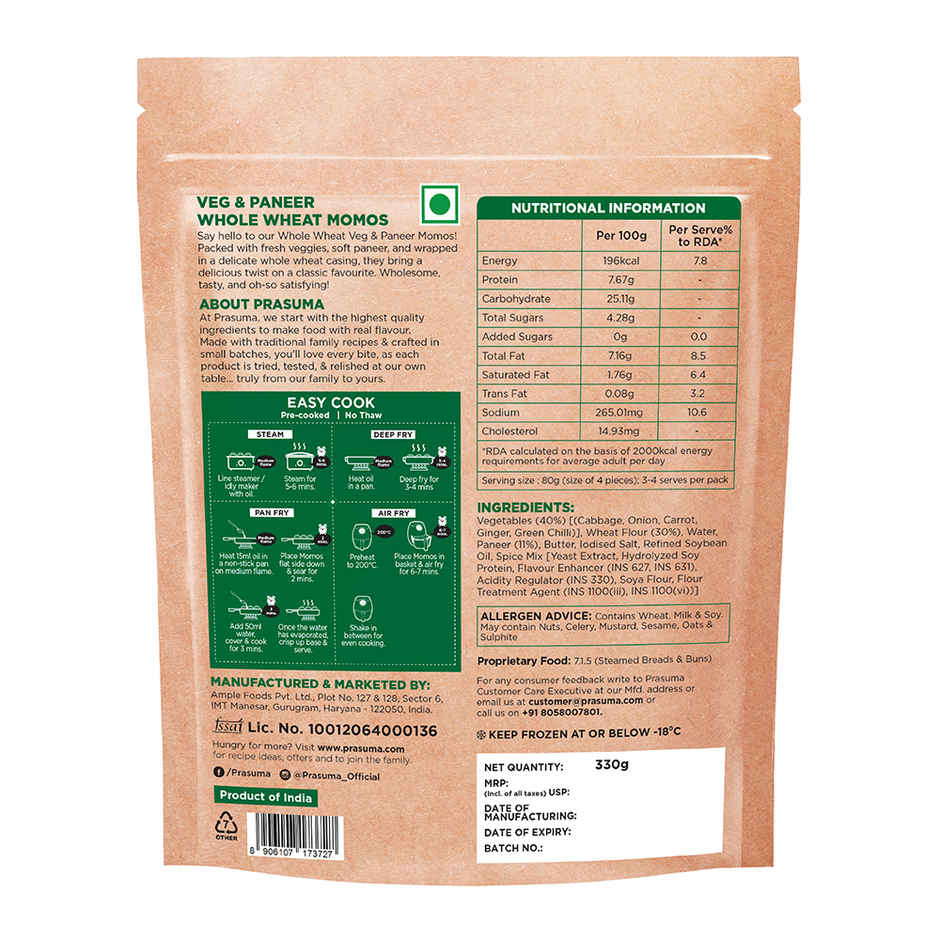 Prasuma Whole Wheat Momos - Veg & Paneer | Zero Maida, Wholesome Goodness | Fresh Paneer & Veggies