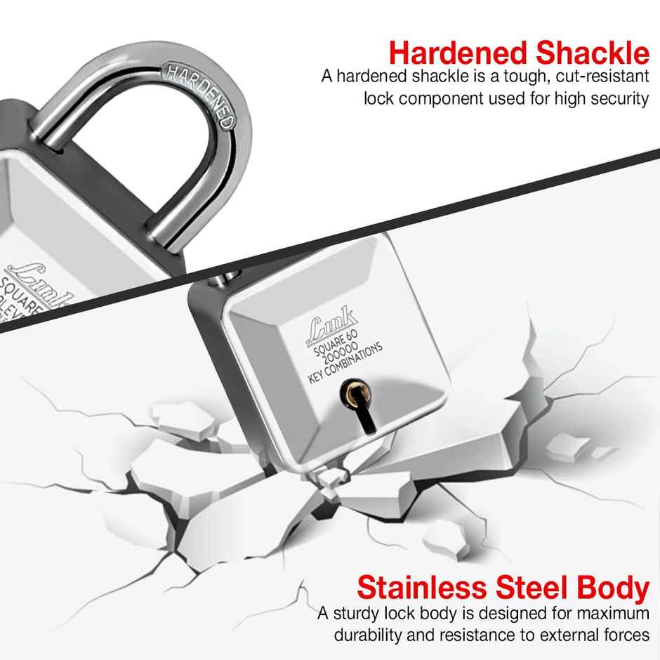 Link Stainless steel Hardened Shackle Diamond Square 60 mm padlock with 3 aesthetic Keys