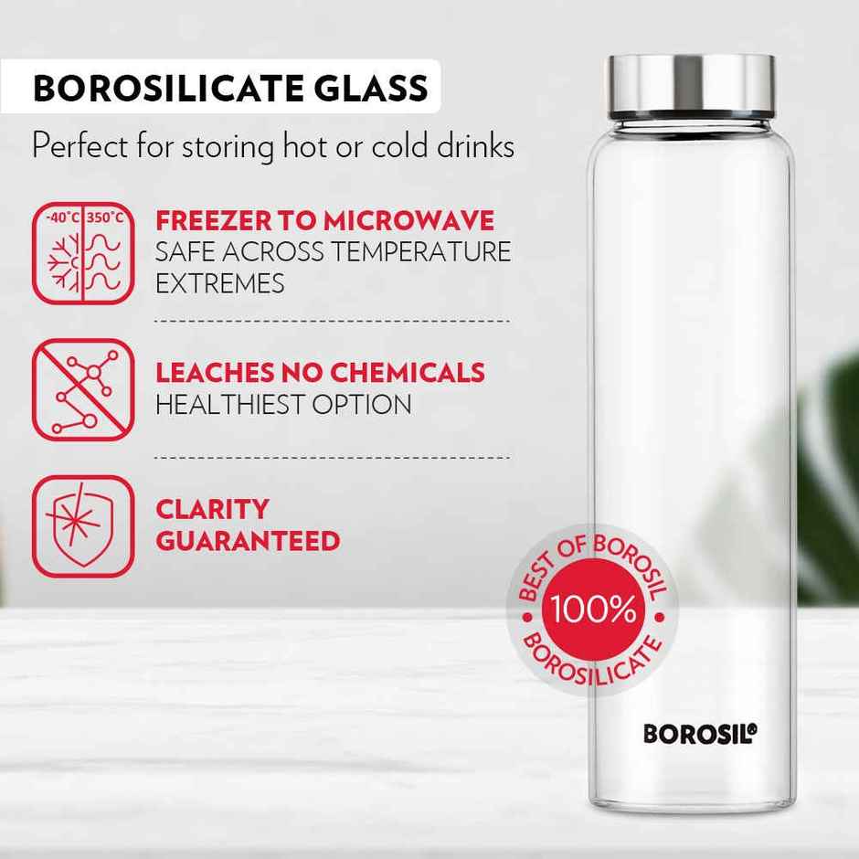 Borosil Crysto Wide Mouth Borosilicate Glass Water Bottle with Steel Lid | 750 ml