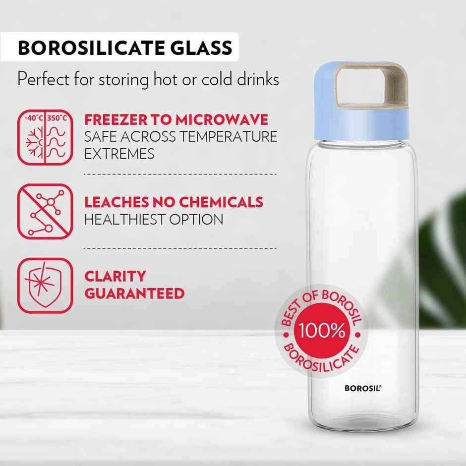 Borosil Borosilicate Glass Crysto Water Bottle With Blue Lid | Blue and Clear | 750 ml