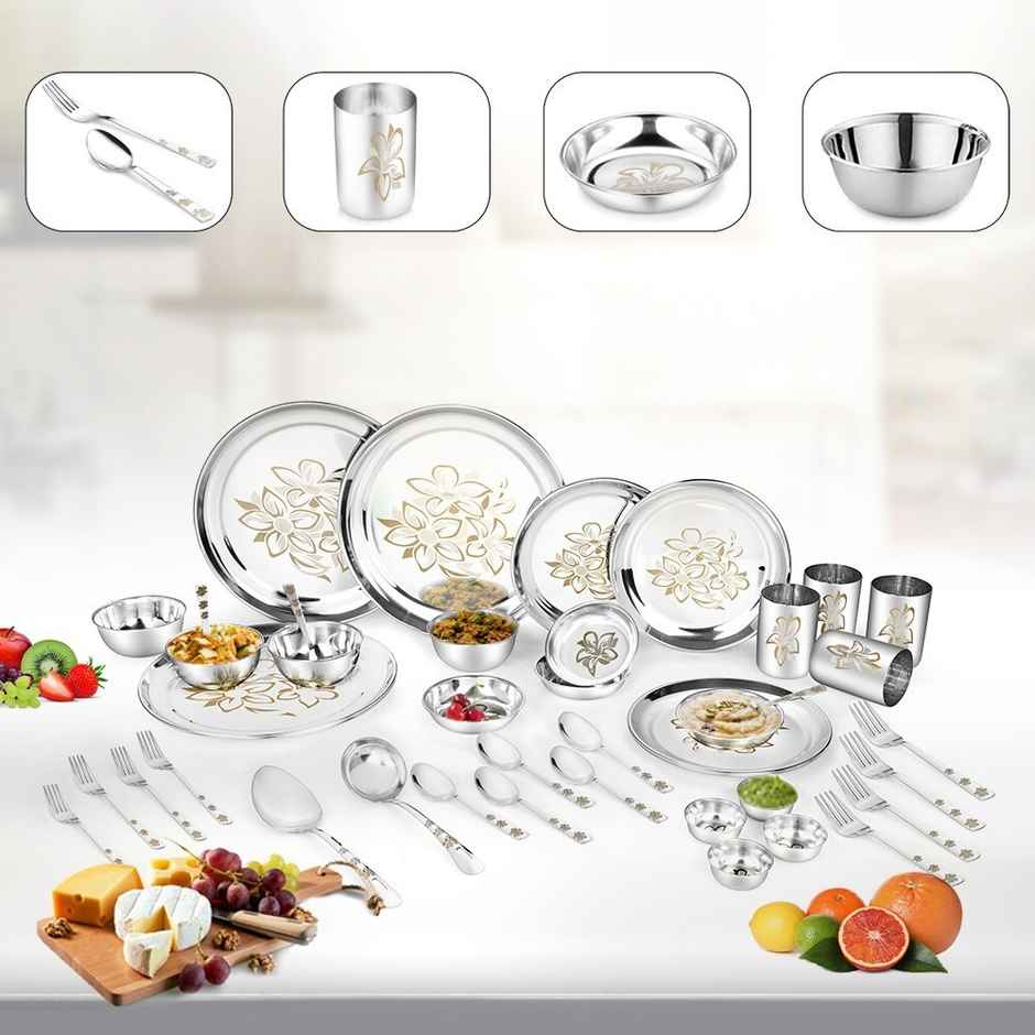 Classic Essentials Heavy Gauge Stainless Steel Permanent Laser Design Glory 42 Pieces Dinner Set
