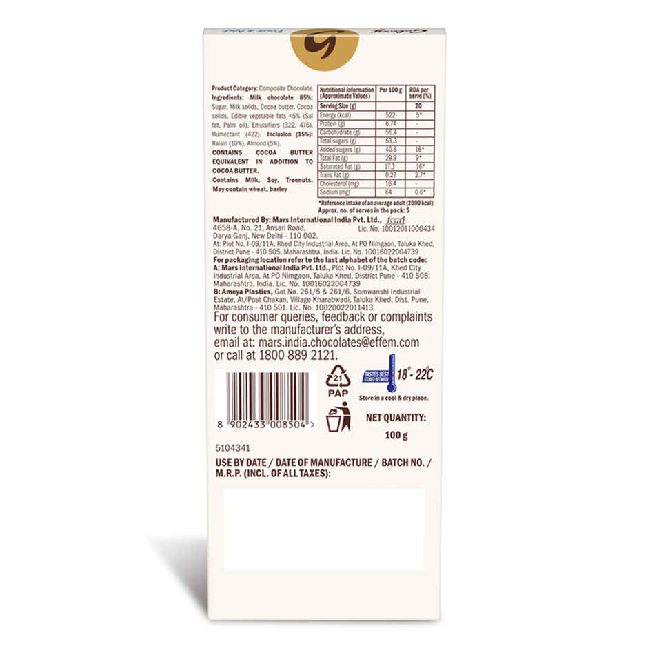 Galaxy Fruit & Nut Milk Chocolate Bar Loaded With Almonds & Raisins