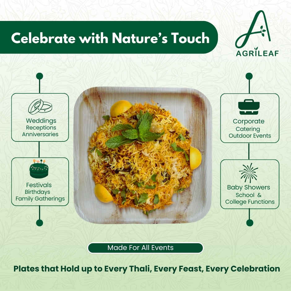 AGRILEAF 8 Inch Square Areca Palm Leaf Disposable Plates with Spoons | 5 Plates + 5 Spoons