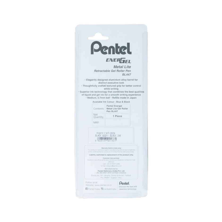 Pentel BL447 Energel Metal Lite Single Blister Black Body Black Ink