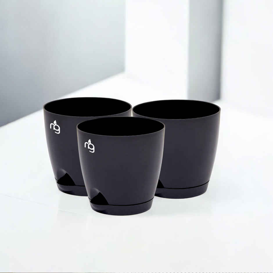 Nurturing Green - Self Watering Pots | Set of 3 | Black | 11.5cm x 11cm | Plant Pots with Tray