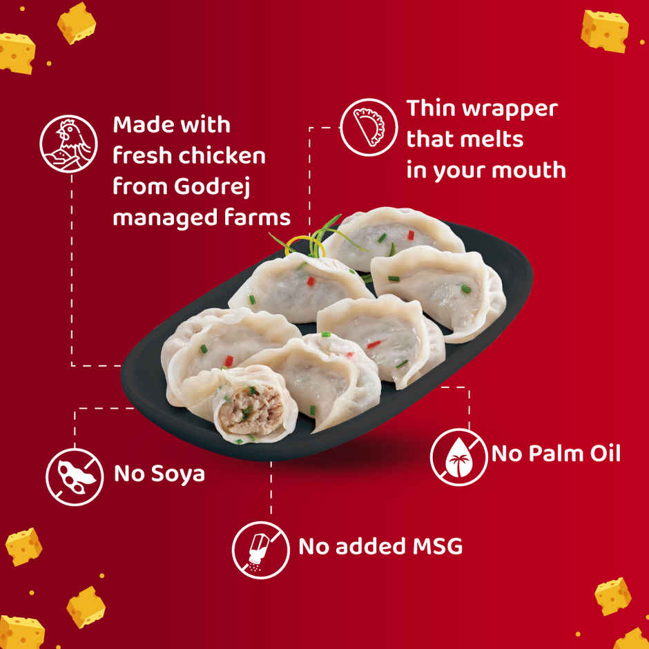 Godrej Yummiez Chicken & Cheese Momos | Frozen Snack | Free Spicy Sauce | Extra Juicy & Cheesy