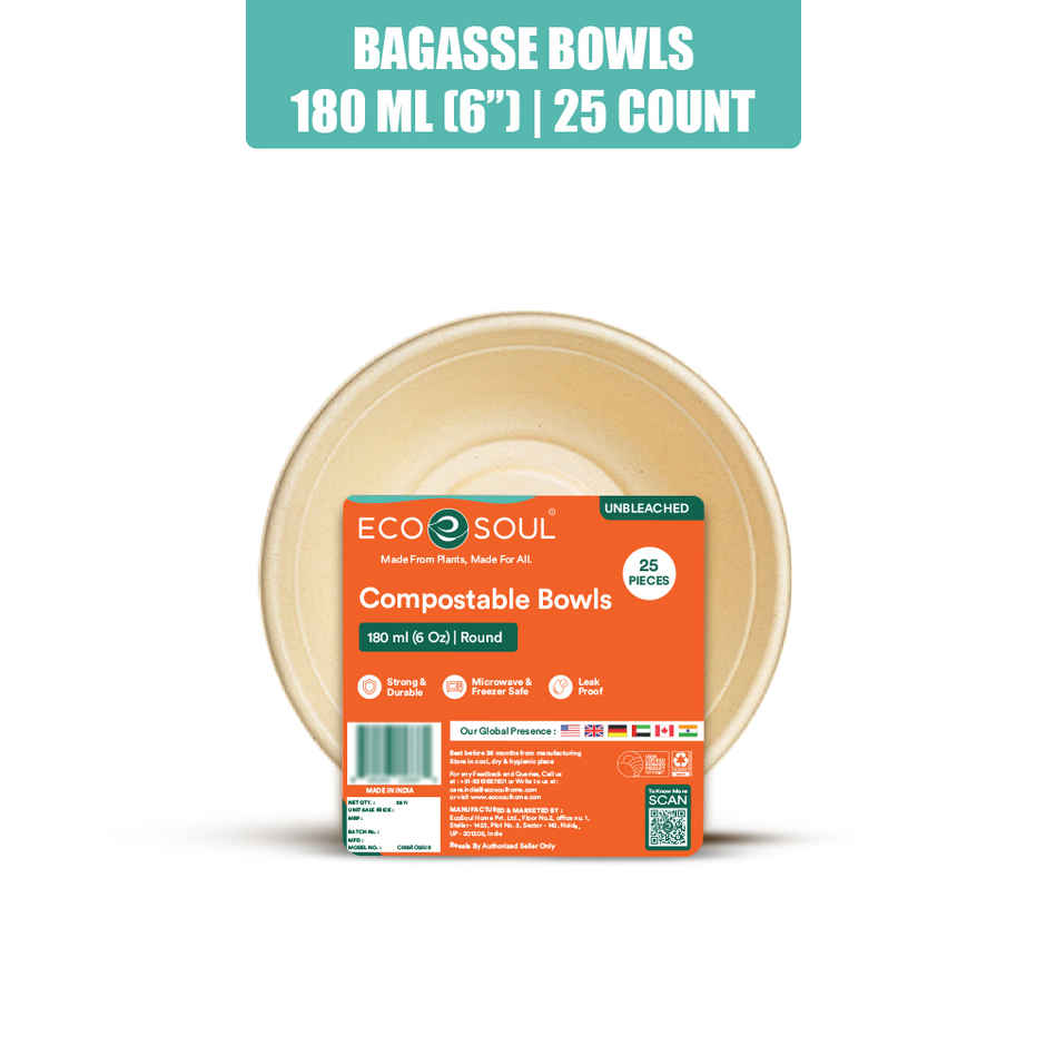 ECO SOUL | Bagasse Disposable Bowls | 180 ml | Round | 25 Count