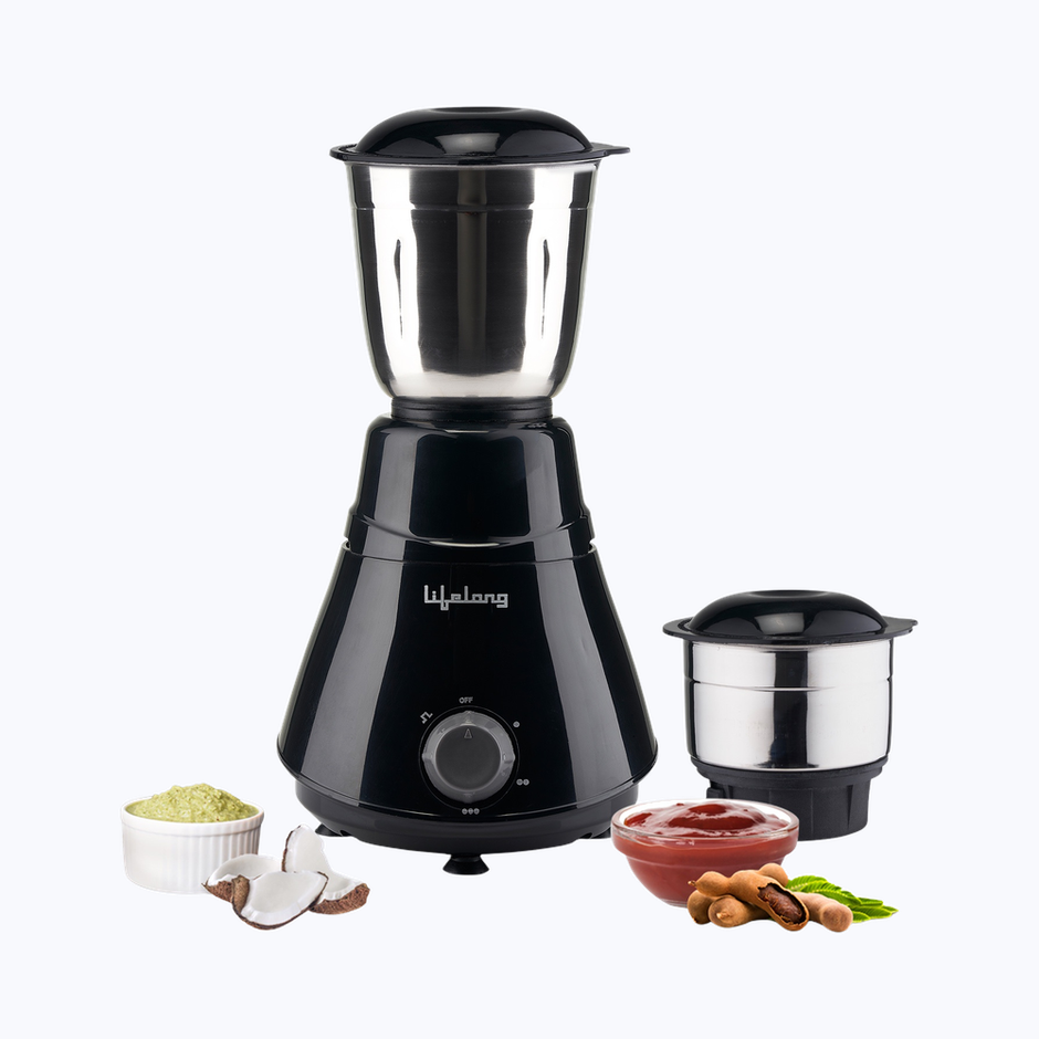 Lifelong LLMG202 Mixer Grinder 500W With 2 Jars For Wet & Chutney Grinding - All Stainless-Steel Blades, Black