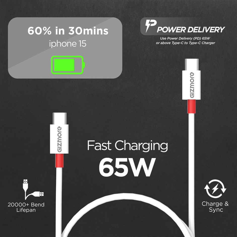 Gizmore WCC156 Type-C to Type-C 65W Fast Charging Cable, 480Mbps Data Transfer Speed, Compatible with Smartphones & All Type-C Devices - White