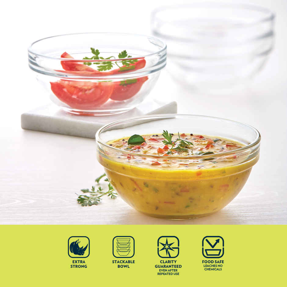 Borosil Stackable Bowl Set (377 ml)| Borosilicate Glass | Microwave & Dishwasher Safe