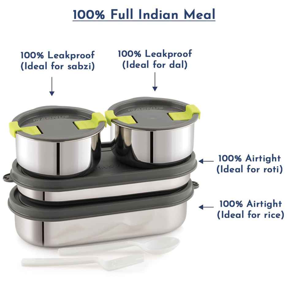 Magnus Olive 4 Lunchbox With Leak-Proof Steel Containers for School with Insulated Bag | 1730 ml