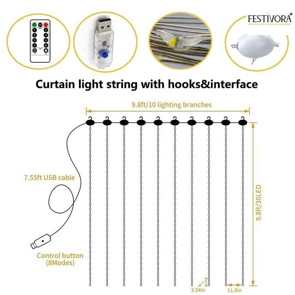 Festivora 240 LEDs Multicolor Curtain String Lights - 3x3 Ft, USB Operated Lights for decoration