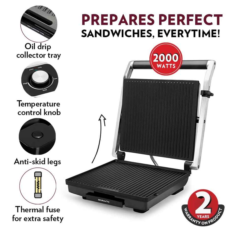 Borosil 2000W Super Jumbo Grill Sandwich Maker,Make 4 Sandwich At a Time, Nonstick Coating Plates