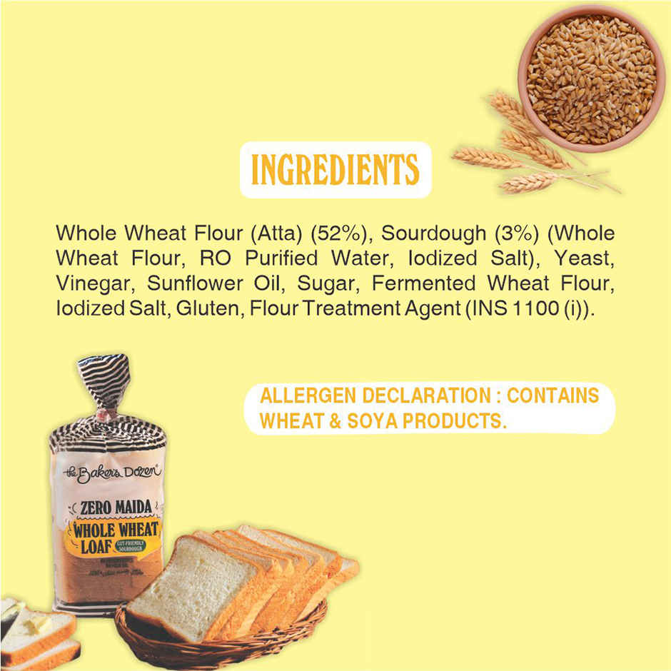 The Baker's Dozen Zero Maida Whole Wheat Bread | Sandwich Atta Bread (Not brown) | Clean Label