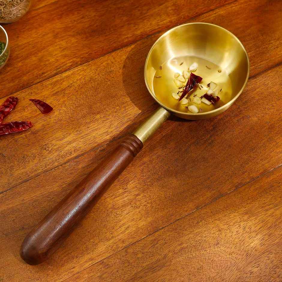 Ellementry Arra Brass Tadka Pan With Wooden Handle