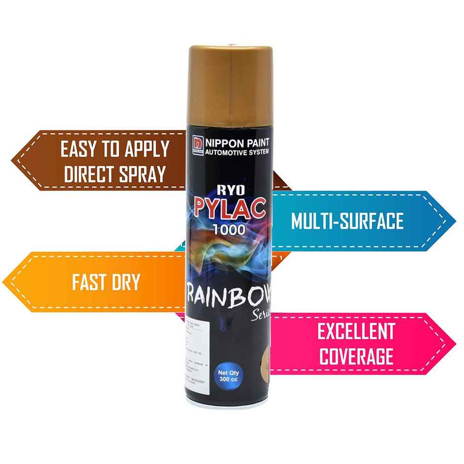 Nippon Paint Pylac 1000 Acrylic Multi-Purpose Spray Paint RS Gold Color for Car, Bike, Home