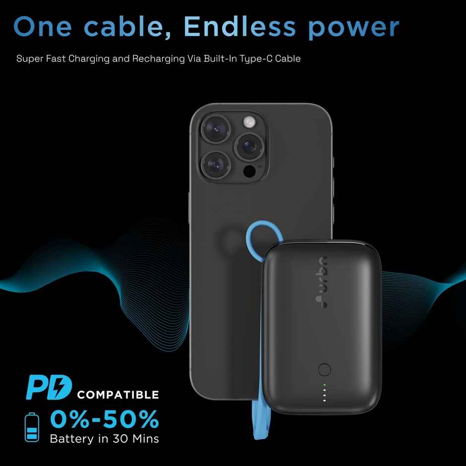 URBN 10000 mAh Nano Link Wired Power Bank with in-Built USB-C Cable| 22.5W Fast Charging | Type C PD (Input& Output) | Made in India | Two Way Fast Charge | for iPhone, Android & More - Black