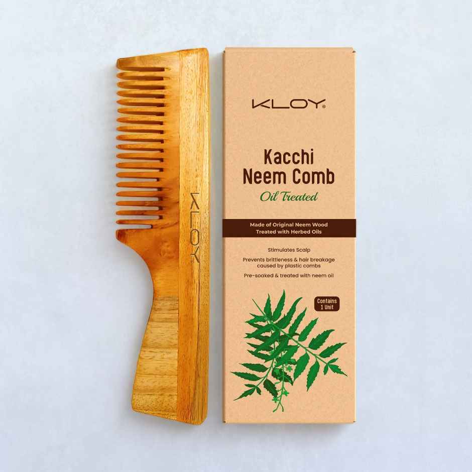 Kloy Kacchi Neem Comb, Wooden Comb For Men, Women Treated With Neem Oil, Bhringraj With Handle