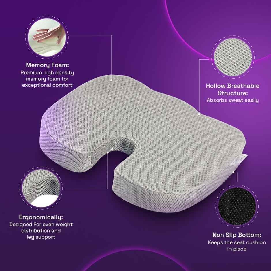 Coccyx Seat Cushion | Ideal for Weights 60kg and Above Cushion for Chair & Car Seat Lower Back Grey