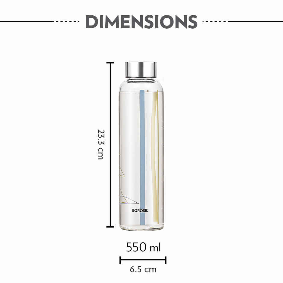 Borosil Sintra Narrow Mouth Bottle with Metal Lid Borosilicate Glass Dishwasher Safe