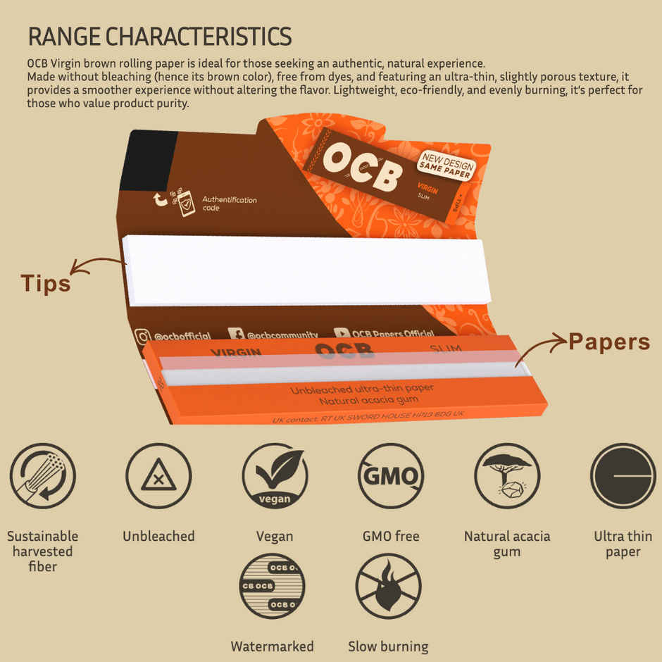 OCB VIRGIN Brown 32 Sheets Rolling Paper & Filter Tips | King Size Slim
