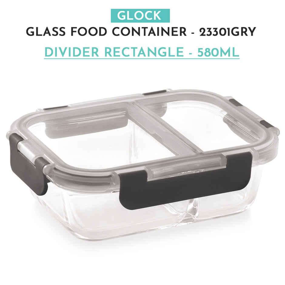 Magnus Glock 580 ml Divider Grey Container with Airtight Lid & Detachable Lock, Borosilicate Glass