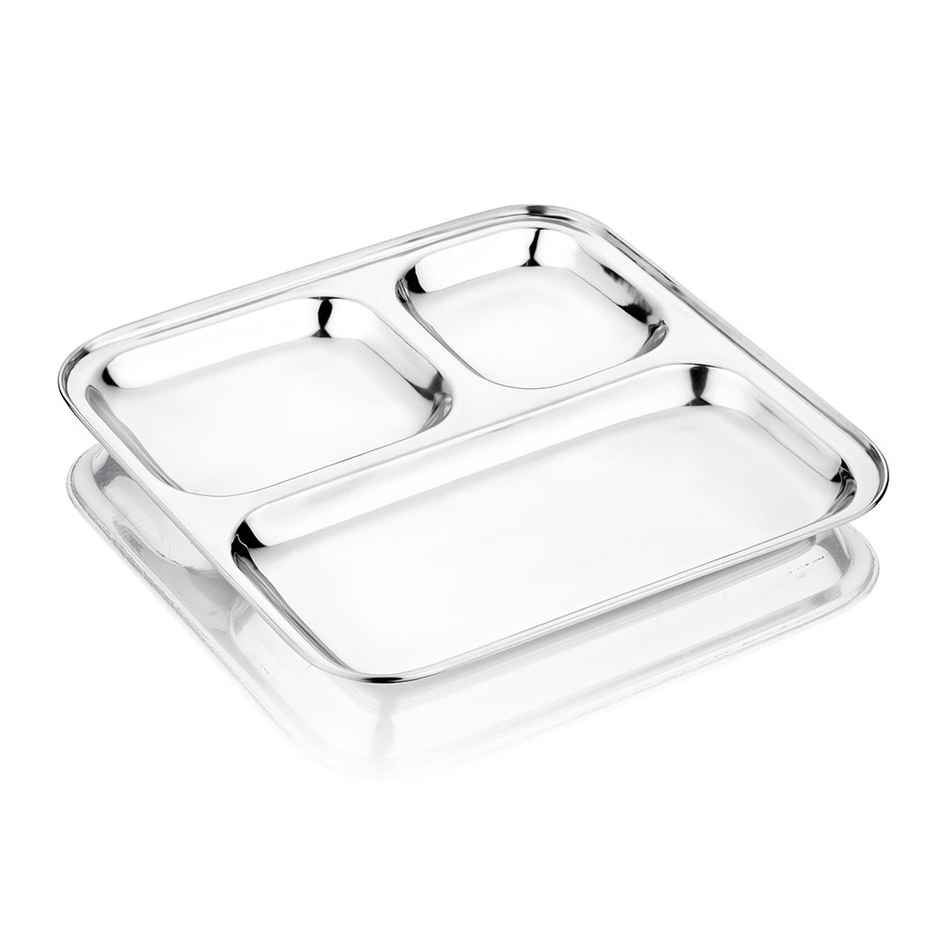 Steelera Stainless Steel Square 3 Compartment / Pav Bhaji / Kids / Plate | Food Safe | 21 x 21 cm