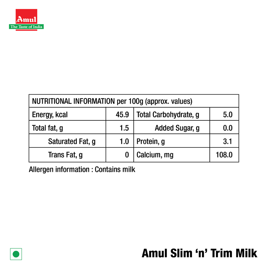 Amul Slim 'n' Trim Double Toned Fresh Milk | Pouch