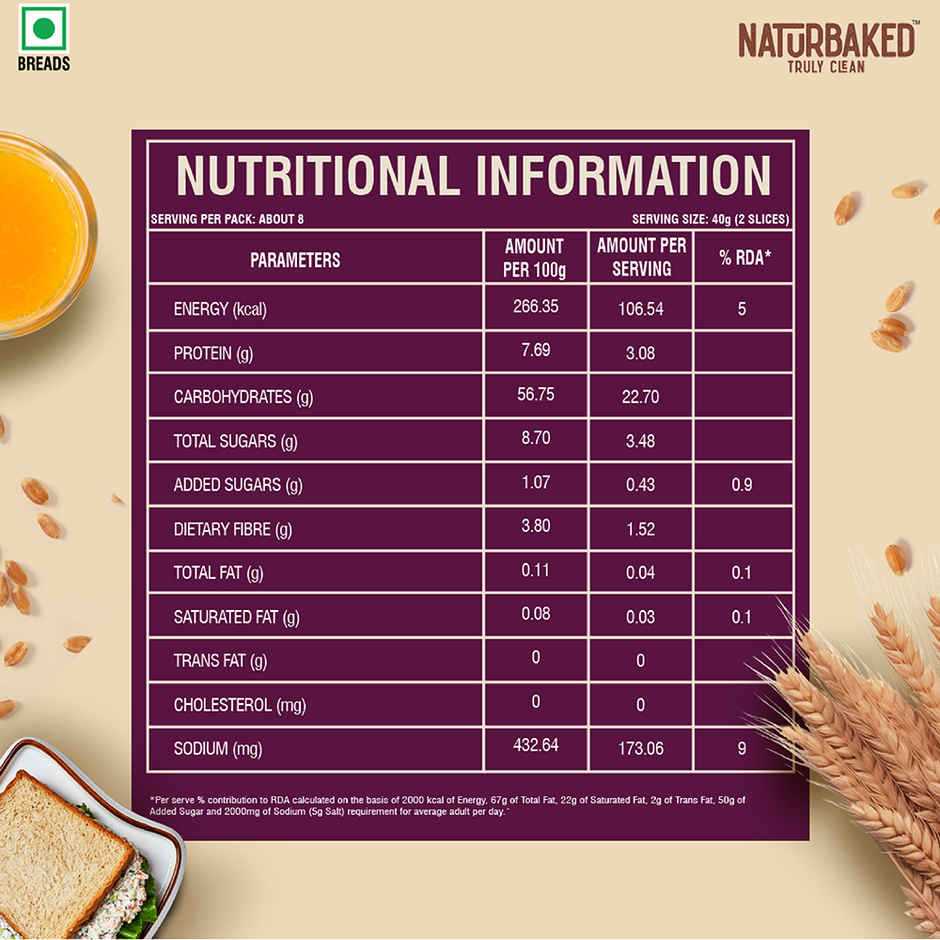 Naturbaked Zero Maida Whole Wheat Bread | No Added Preservatives | Clean Label