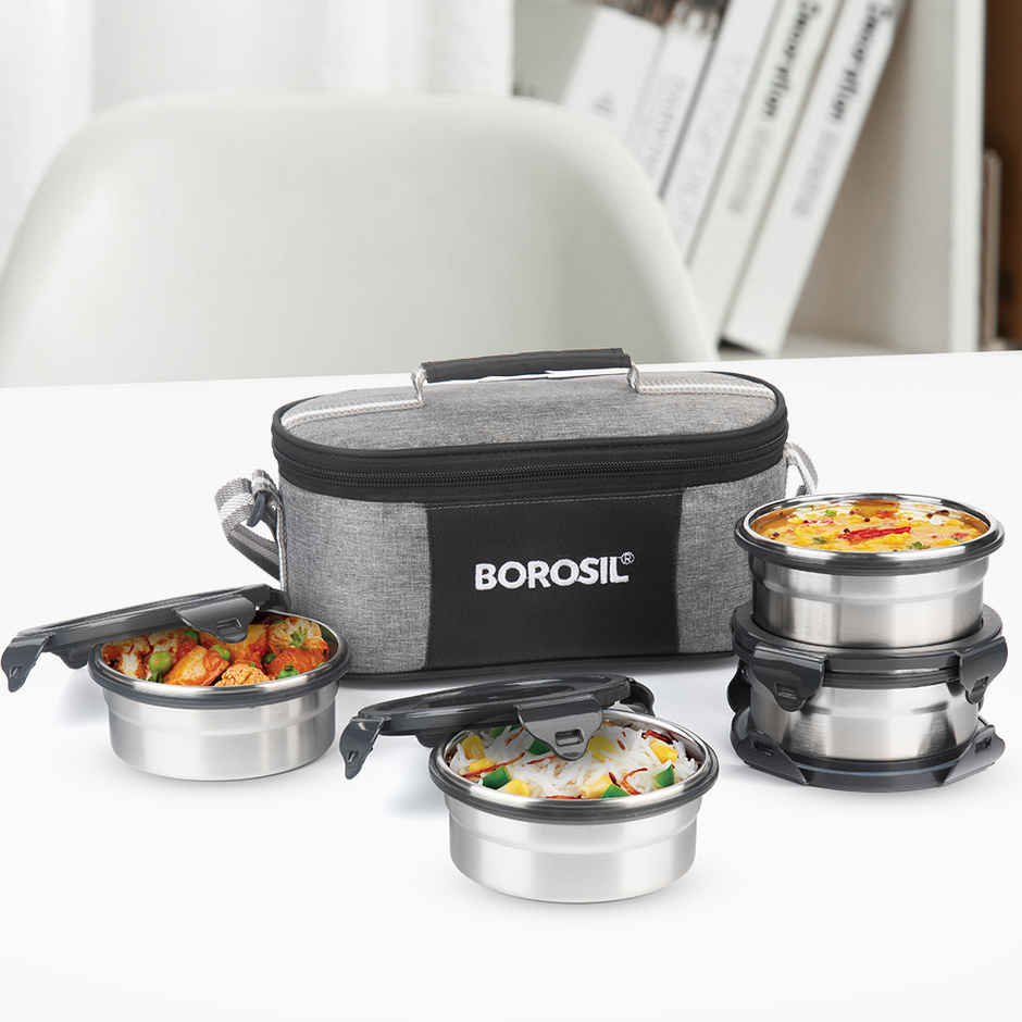 Borosil Feast Stainless Steel Lunchbox with Carry Bag Universal Tiffin for Office School College
