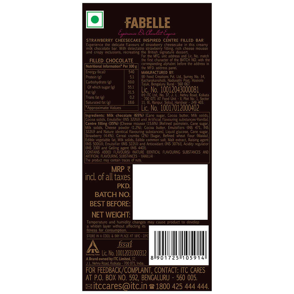 Fabelle Luxury Chocolates Strawberry Cheesecake Handcrafted Bar