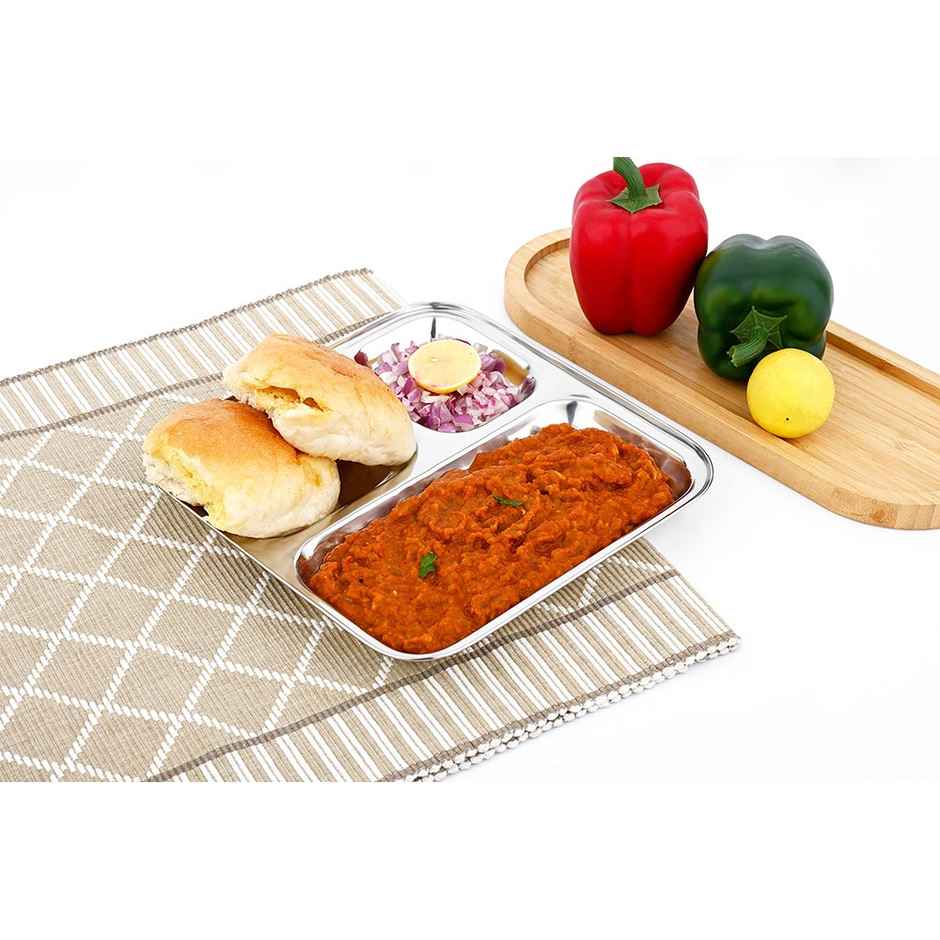 Steelera Stainless Steel Square 3 Compartment / Pav Bhaji / Kids / Plate | Food Safe | 21 x 21 cm