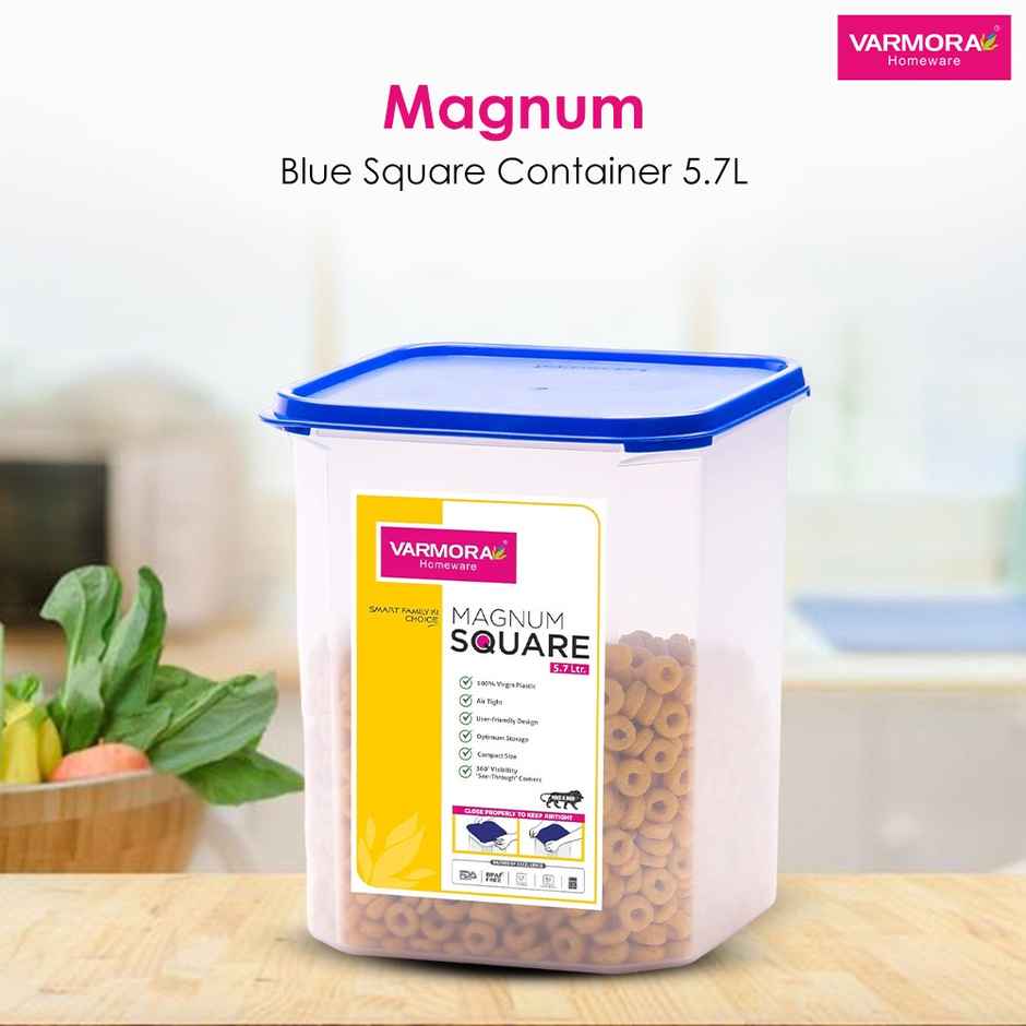 Varmora Magnum Square Storage Container- Transparent - Blue Lid- Air-Tight- 5700ml