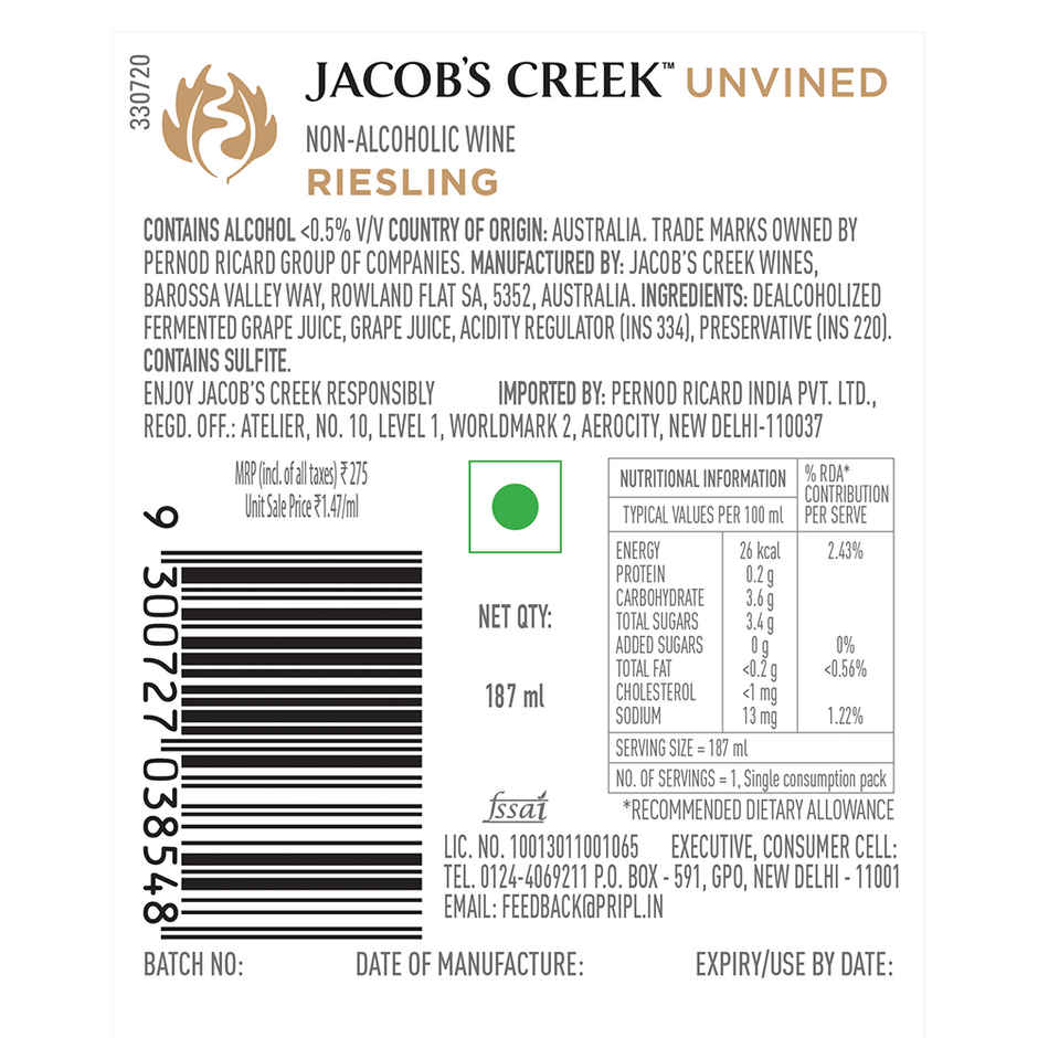 Jacob's Creek Unvined Riesling Non-Alcoholic White Wine