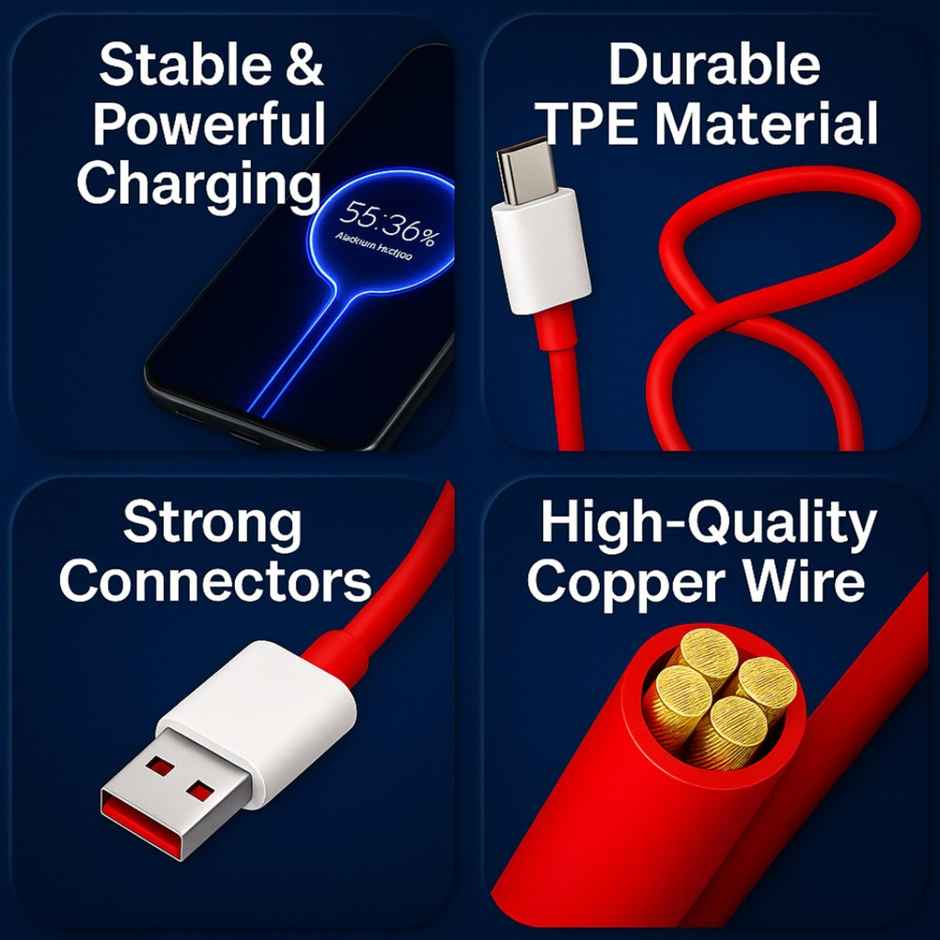 Roarx USB Type C Cable 10 A 1 m TPE 100 WATT SUPERVOOC/VOOC/DASH/Warp charger Cable Compatible with oneplus OnePlus 12/OnePlus 12r /OnePlus 11/OnePlus 11R/OnePlus 10 Pro/OnePlus 10R/ 9R/ 8 / 8T / 7 / 7T / 6  (Compatible with 100W SUPERVOOC, VOOC, WARP 80W 65W 33W WARP Type C Cable Data Cable) - Red