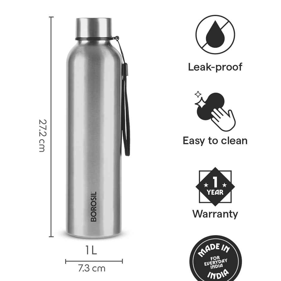 Borosil Laguna Single Wall Stainless Steel Water Bottle | Silver | 1 L