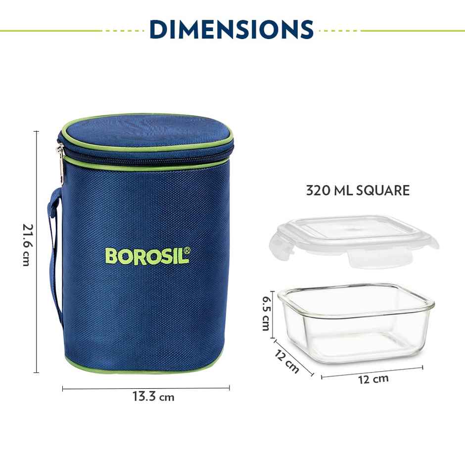Borosil Klip n Store Lunchbox, 3pc Square Container (320ml Each), Unisex Borosilicate Glass Tiffin